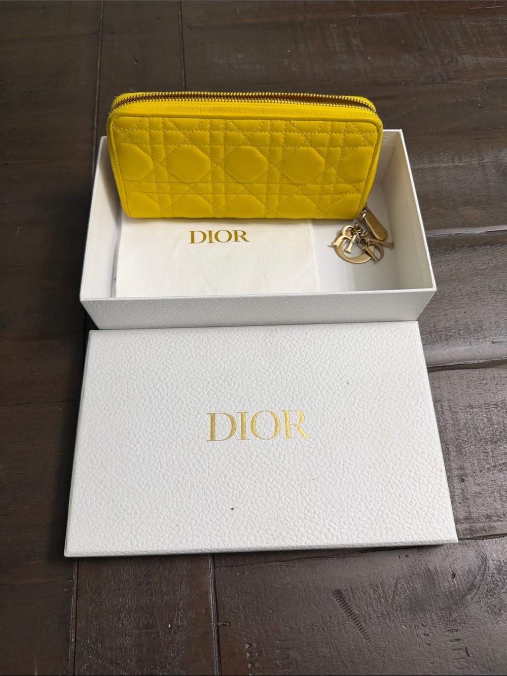 Dior Yellow Quilted Zip Wallet with Gold Hardware